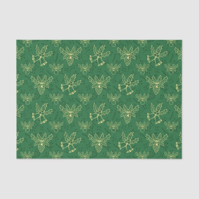 Christmas Bells Holly Berries Green Pattern Tissue Paper (Front)