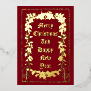 Christmas Bells & Holly Border Foil Holiday Card