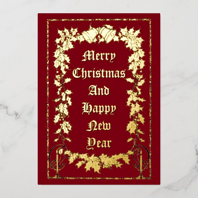 Christmas Bells & Holly Border Foil Holiday Card (Front)
