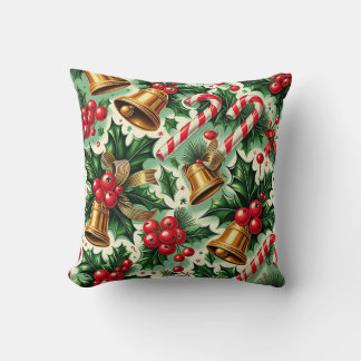 Christmas Bells holly candy canes art pattern Cushion