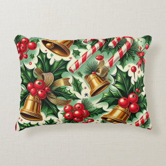 Christmas Bells holly candy canes art pattern Decorative Cushion