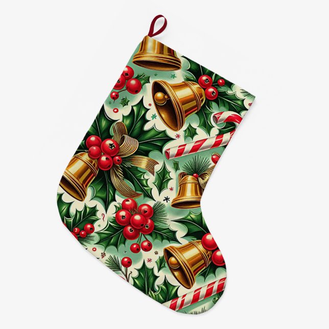 Christmas Bells holly candy canes art pattern Large Christmas Stocking (Front (Hanging))
