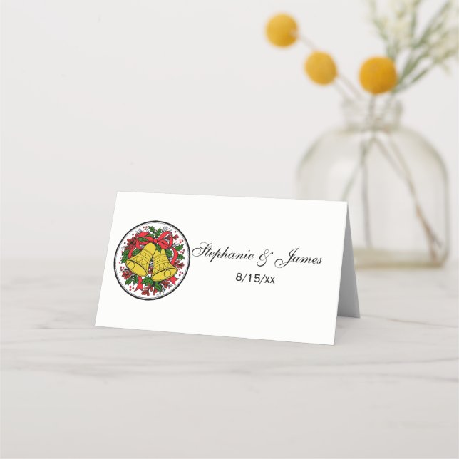 Christmas Bells Holly Red Ribbon Place Card (Front)