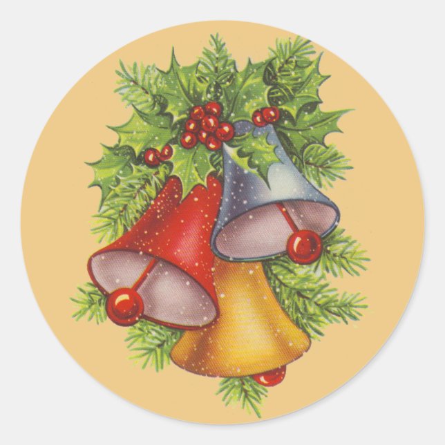 Christmas Bells on Gold Classic Round Sticker (Front)