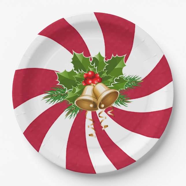 Christmas Bells on Peppermint Candy Paper Plate (Front)