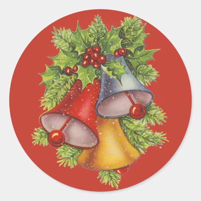 Christmas Bells on Red Classic Round Sticker (Front)