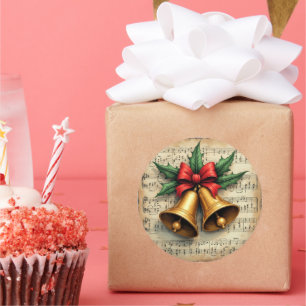 Christmas Bells on Sheet Music, Classic Round Sticker