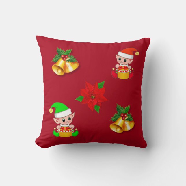 Christmas bells, poinsettia and cute elf on red cushion (Front)