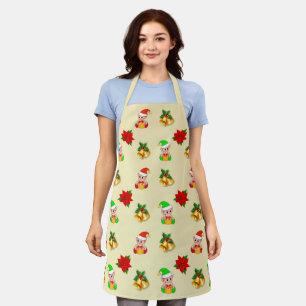 Christmas bells, poinsettia and cute elf ornament apron
