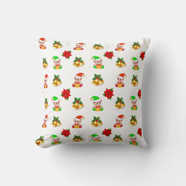 Christmas bells, poinsettia and cute elf ornament cushion (Front)