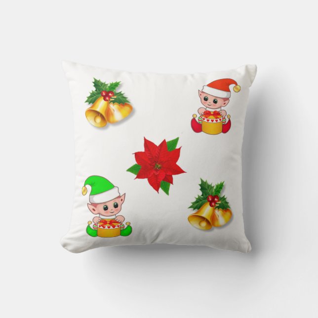 Christmas bells, poinsettia and cute elf ornament cushion (Front)