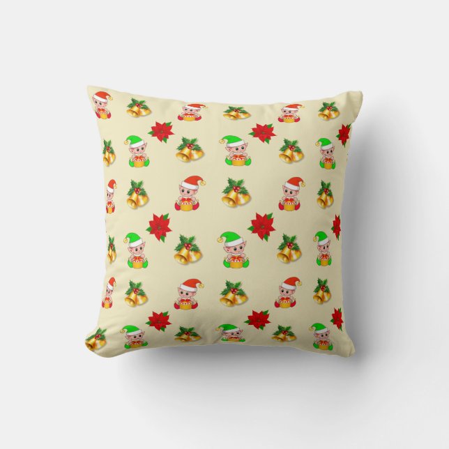 Christmas bells, poinsettia and cute elf ornament cushion (Front)