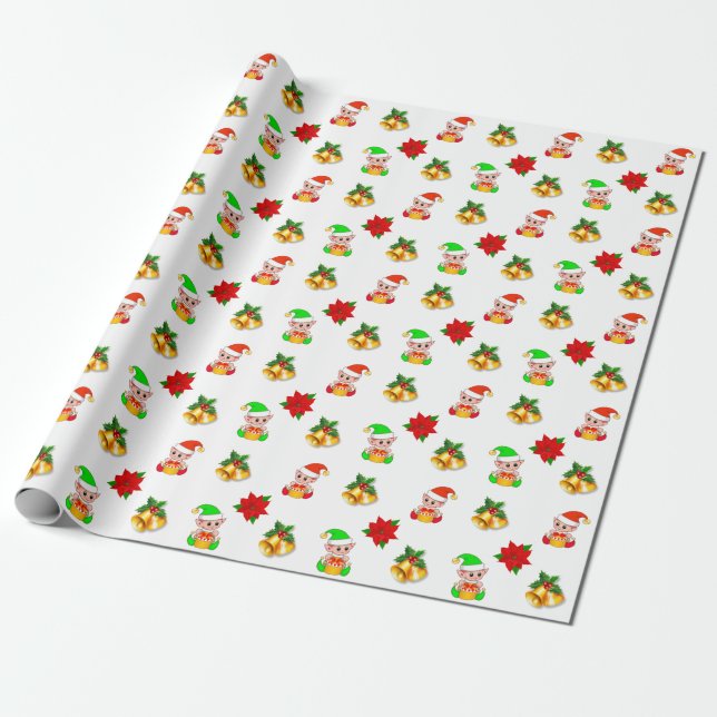Christmas bells, poinsettia and cute elf ornament wrapping paper (Unrolled)