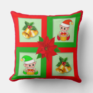 Christmas bells, poinsettia, elf on green & red cushion