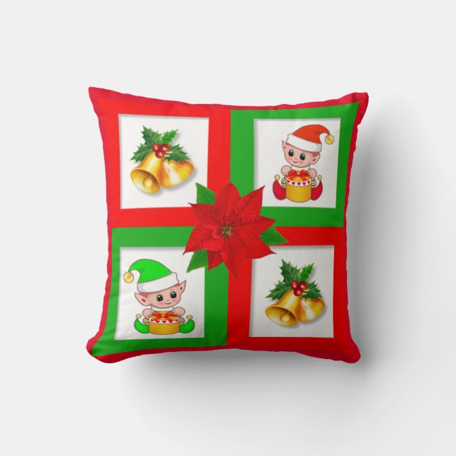 Christmas bells, poinsettia, elf on green & red cushion (Front)