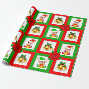 Christmas bells, poinsettia, elf on green & red wrapping paper