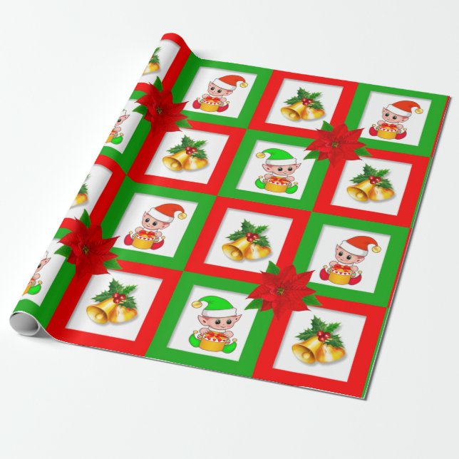 Christmas bells, poinsettia, elf on green & red wrapping paper (Unrolled)
