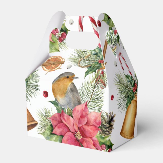 Christmas bells, poinsettia, robin, candy canes favour box (Front Side)