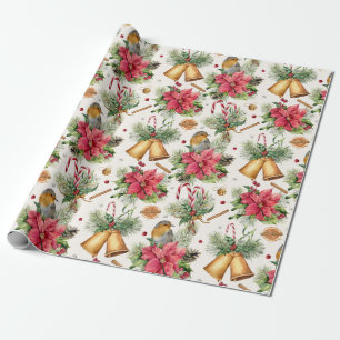 Christmas bells, poinsettia, robin, candy canes wrapping paper