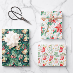 Christmas Bells, Poinsettias and Stockings Wrapping Paper Sheet