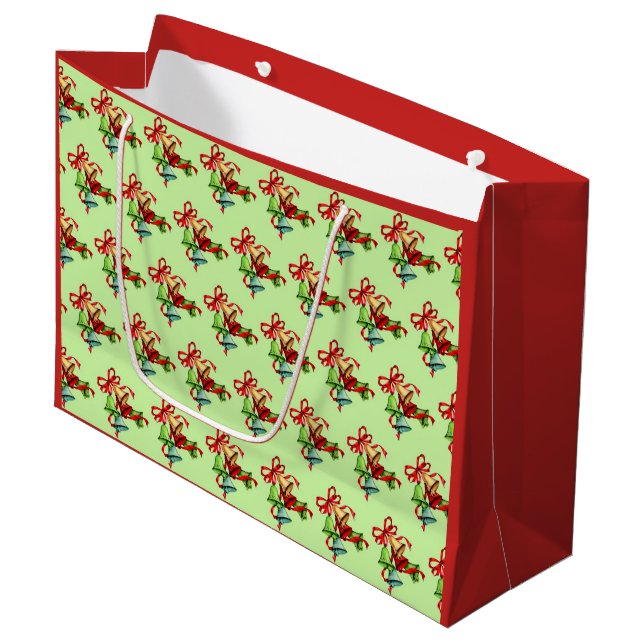 Christmas Bells, Red & Green Large Glossy Gift Bag (Front Angled)