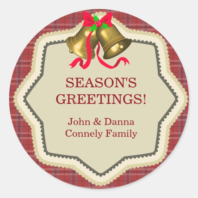 Christmas Bells Red Plaid Gift Tag Sticker (Front)