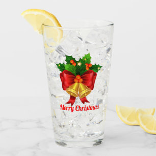 Christmas Bells & Red Ribbon Personalised Glass