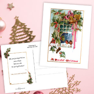 Christmas Bells, Ribbon, Holly & Birds at Window Postcard