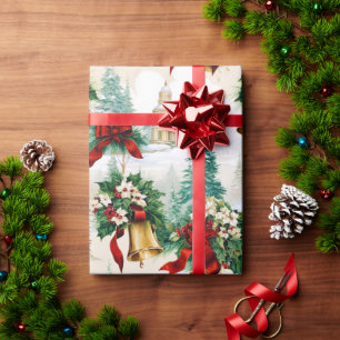 Christmas Bells Ribbon Poinsettia Flower Wrapping Paper