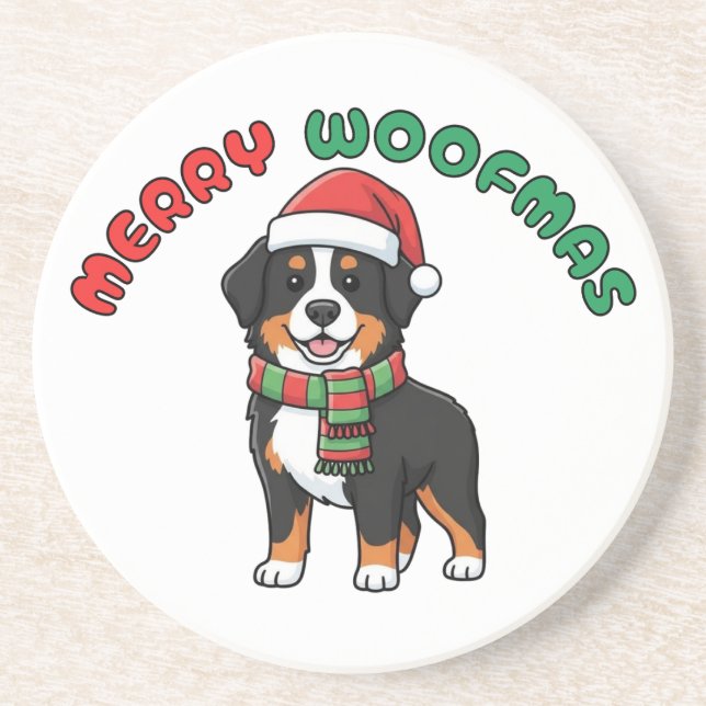 Christmas Bernese Dog Coaster: Merry Woofmas Coaster (Front)