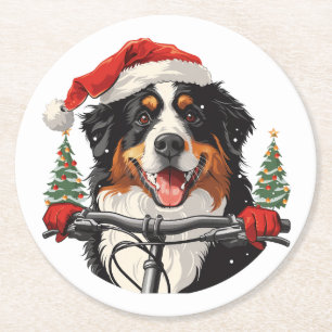 Christmas Bernese Mountain Dog Biking Round Paper Coaster