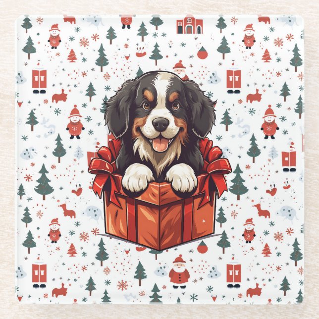Christmas Bernese Mountain Dog Gift Box Glass Coaster (Front)