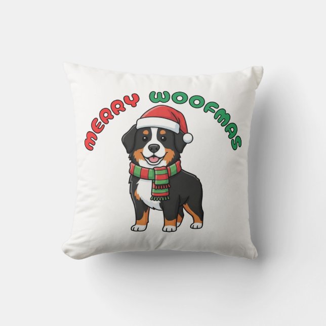 Christmas Bernese Mountain Dog Pillow: Merry Woofm Cushion (Front)