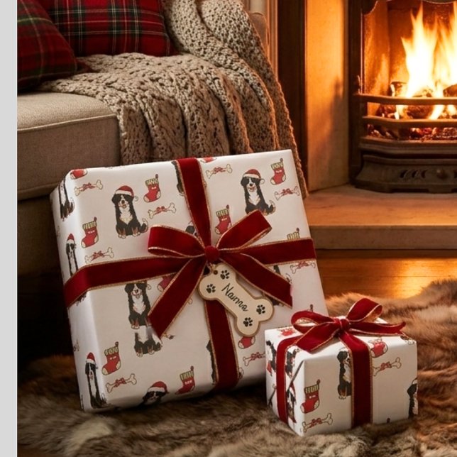 Christmas Bernese Mountain Dog Santa Hat Pattern Wrapping Paper Sheet (berese dog christmas pattern wrapping paper sheets)