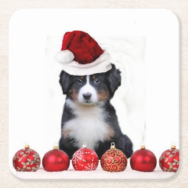 Christmas Bernese Mountain Dog Square Paper Coaster (Front)