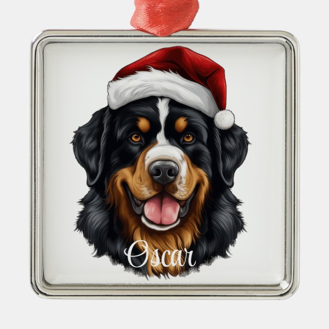 CHRISTMAS BERNESE MOUNTAIN DOG WITH SANTA HAT METAL TREE DECORATION (Front)