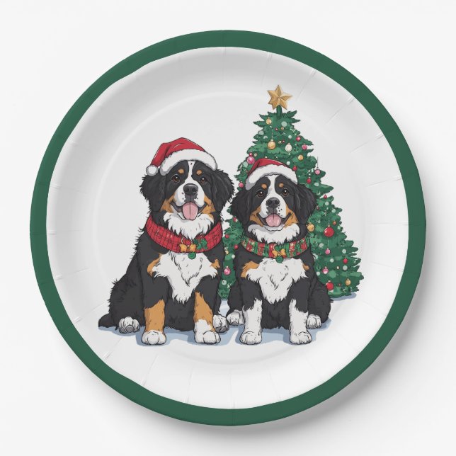 Christmas Bernese Mountain Dogs Paper Plate (Front)