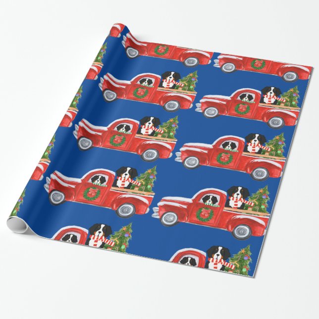 Christmas Bernese Mountain Dogs Red Truck Blue Wrapping Paper (Unrolled)