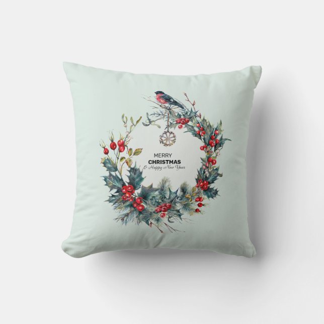 Christmas berries and bullfinch wreath cushion (Front)