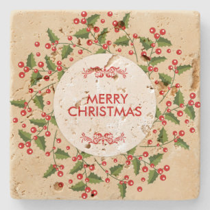Christmas Berries And Evergreen Wreath Stone Coaster