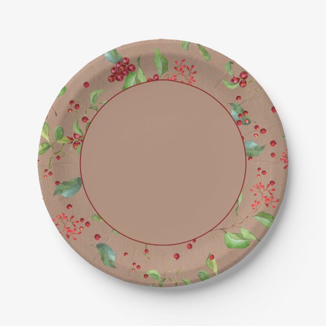 Christmas Berries and Foliage on Kraft Paper Plate (Front)