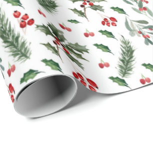 Christmas Berries and Green Leaves Pattern Wrapping Paper