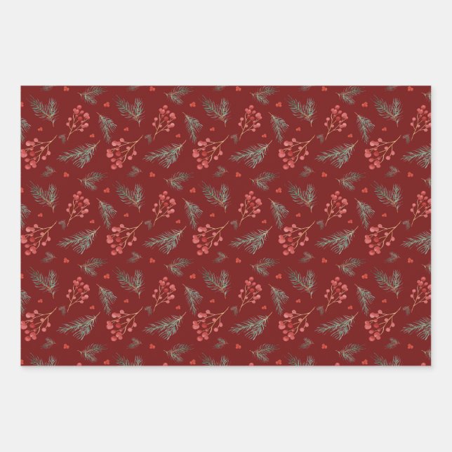 Christmas Berries and Pine Branches  Wrapping Paper Sheet (Front)