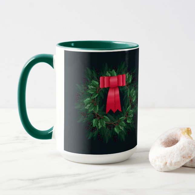 Christmas Berries and Pine Branches Wreath Latte M Mug (With Donut)
