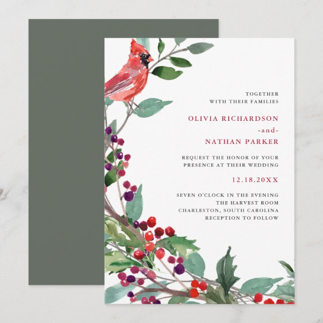 Christmas Berries and Red Bird | Holiday Wedding Invitation (Front/Back)