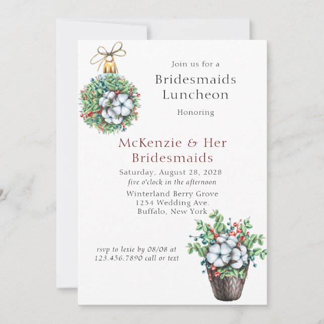  Christmas Berries Cotton Bridesmaids Luncheon Invitation (Front)