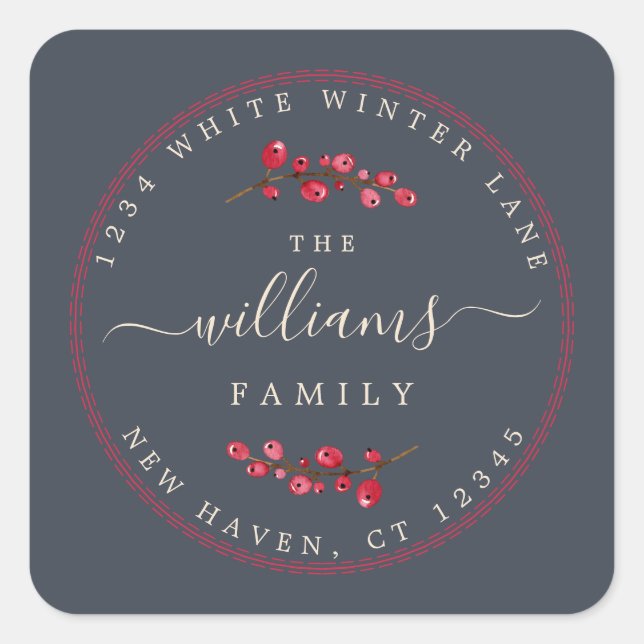 Christmas Berries Dark Blue Family Return Address Square Sticker (Front)