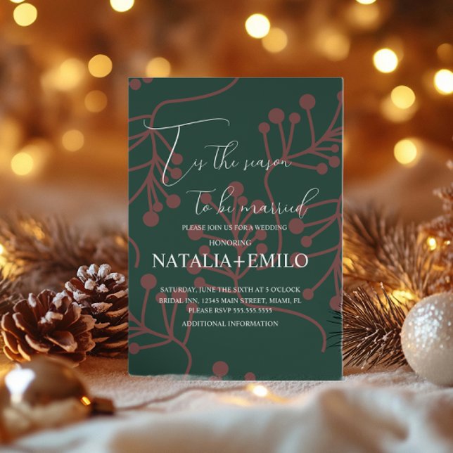 Christmas Berries Elegant Holiday Green Wedding  Invitation (Creator Uploaded)