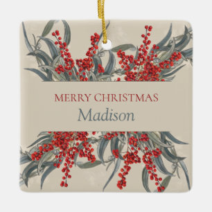 Christmas Berries & Eucalyptus Botanical Foliage  Ceramic Ornament