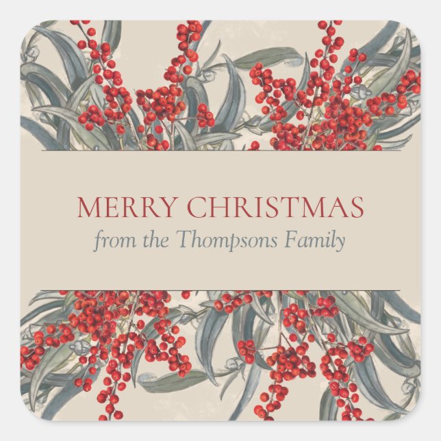 Christmas Berries & Eucalyptus Botanical Foliage Square Sticker (Front)